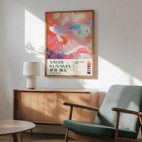May include: Framed colorful abstract art poster featuring flowing organic shapes in pink, orange, blue and purple tones with dotted patterns, displayed above a mid-century modern wooden credenza with white ceramic lamp, next to sage green upholstered armchair in bright sunlit room with white walls.