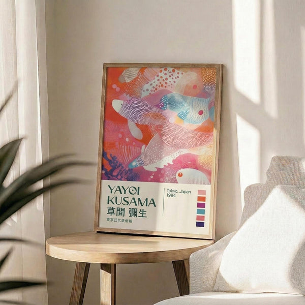 May include: Abstract colorful poster featuring flowing organic shapes in vibrant pink, orange, blue and purple with dotted patterns, displayed in thin gold frame on round wooden side table next to beige upholstered chair. Natural sunlight streams across neutral wall, with green plant leaves visible in corner creating soft shadows.