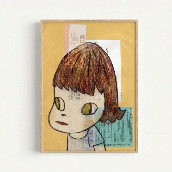 Framed artwork showing a cartoon-style drawing of a young girl with brown bob haircut and large yellow-green eyes on yellow background. The illustration is created over collaged vintage stamps and postal materials in white and blue tones. The piece has a childlike, anime-inspired aesthetic with simple black outlines. Light wood frame against white wall.