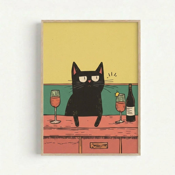 Framed poster print showing a black cat with half-closed eyes sitting on a coral-colored kitchen counter. The cat has pink inner ears and whiskers with small motion lines. Two wine glasses with red wine sit on either side of the cat, along with a dark wine bottle. The background features a yellow upper wall and teal lower wall. The illustration has a cartoon style with bold colors and simple lines in a light wood frame.
