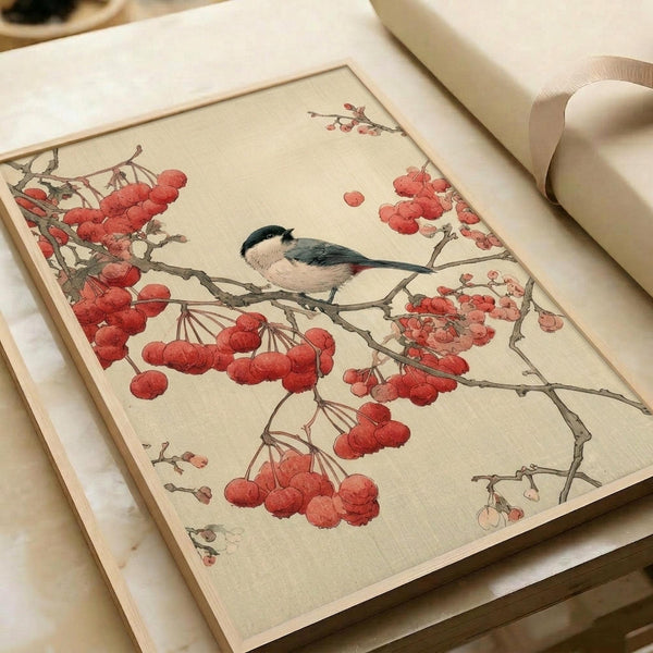 May include: Vintage Japanese woodblock print featuring a small bird with black head and gray-blue wings perched on branches heavy with bright red berries. The artwork is displayed in a thin wooden frame on a white surface next to rolled paper, showing the delicate botanical illustration style with muted beige background and traditional Asian artistic details.