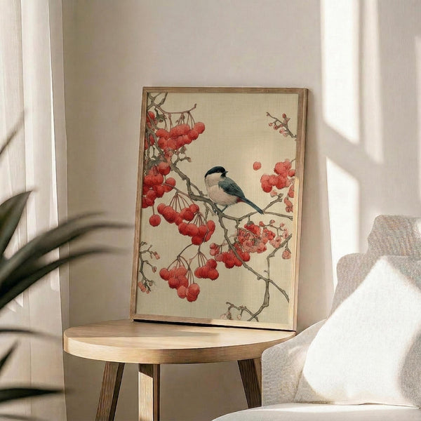 May include: Framed vintage Japanese bird illustration displayed on round wooden side table next to beige upholstered chair. Artwork features small bird with dark head and light body perched on branch with clusters of bright red berries against cream background. Natural wood frame, soft window lighting, and green plant leaves visible in corner of neutral-toned room setting.