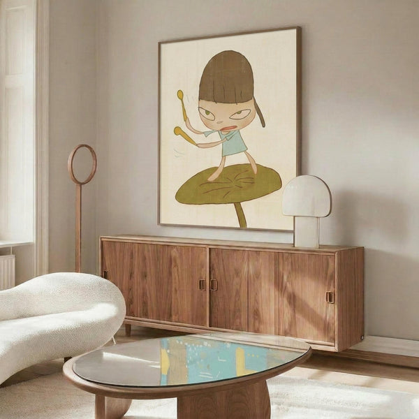 May include: Framed poster print featuring cartoon-style illustration of a girl with brown bob haircut holding drumsticks while standing on large green leaf, displayed above walnut wood sideboard in modern living room with white upholstered chair, glass coffee table, and white table lamp