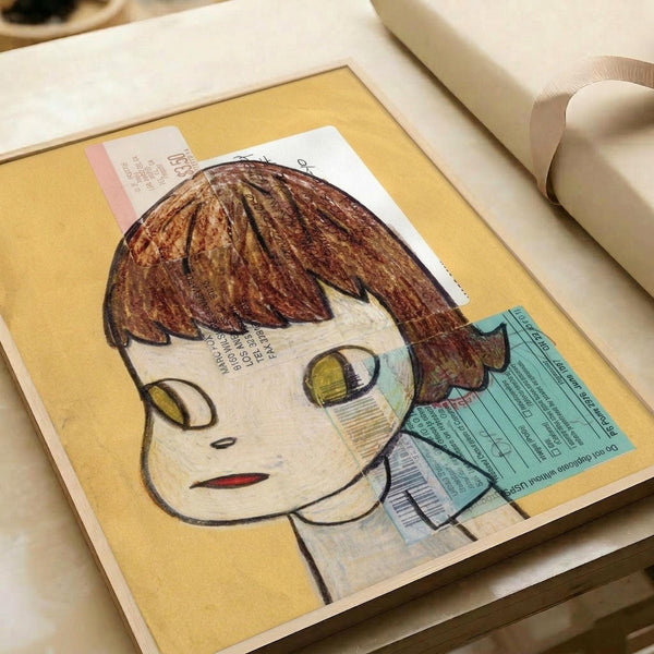 Child's drawing of a girl with brown bob haircut and large yellow-green eyes on yellow background, created with colored pencils and crayons over collaged paper fragments including pink and blue text documents, displayed as an unframed artwork on white paper