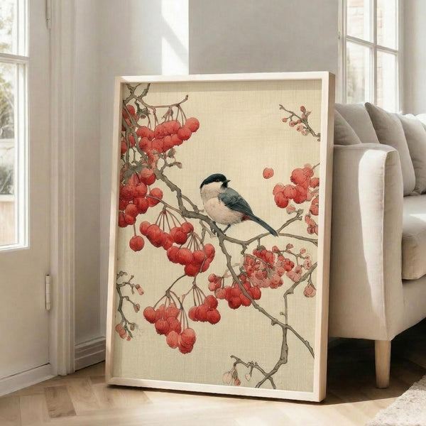 May include: Large framed botanical art print leaning against white wall in bright living room corner next to beige upholstered chair. Artwork shows small bird with black cap and wings perched on branch with clusters of bright red berries against cream background in traditional Japanese style. Light wooden frame, positioned on hardwood floor near tall windows.