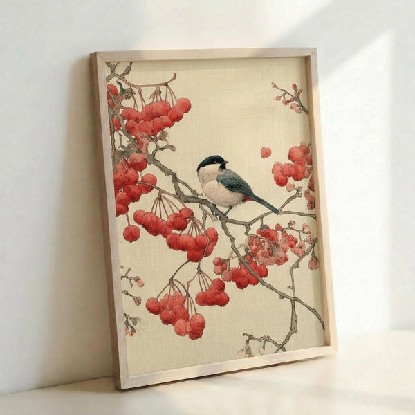 May include: Framed vintage Japanese-style botanical print showing a small black, white and gray bird perched on brown branches with clusters of bright red berries. The artwork has a cream background with delicate brushwork in traditional Asian art style. Light wood frame leans against white wall, casting soft shadow.