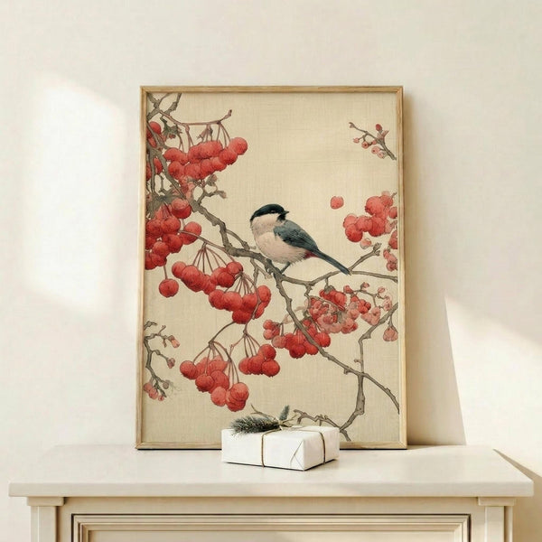 May include: Framed vintage Japanese-style artwork showing a small bird with black cap and blue-gray wings perched on a branch laden with clusters of bright red berries. The illustration features delicate brushwork on cream background, displayed in thin natural wood frame on light wooden surface beside small white wrapped gift with evergreen sprig.