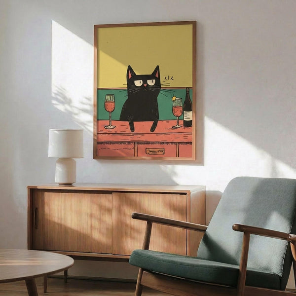May include: Framed poster print featuring a black cat sitting on a coral-pink bar counter with wine glasses and bottle, yellow and teal background. Displayed above mid-century modern walnut credenza with white ceramic lamp. Mint green upholstered armchair with wooden frame visible in foreground. Natural sunlight creates geometric shadows across white wall in contemporary living room setting.