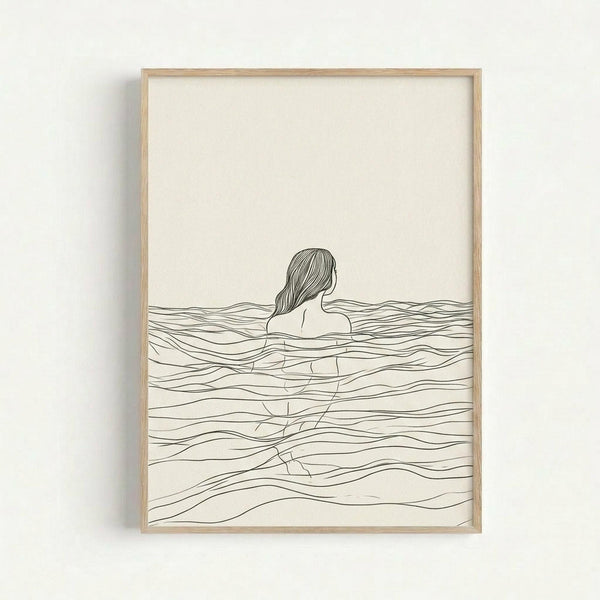 May include: Minimalist line drawing print in light wooden frame hanging on white wall. Artwork shows woman with flowing hair viewed from behind, submerged in wavy water rendered in continuous flowing black lines on cream background. Simple modern aesthetic with clean lines creating organic wave patterns throughout composition.