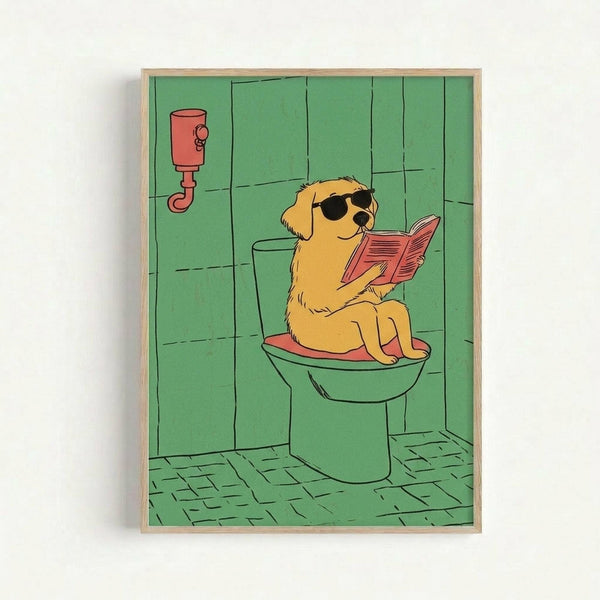 Cartoon illustration of a golden retriever wearing sunglasses sitting on a toilet while reading a red book or magazine. The dog has fluffy golden fur and appears relaxed. The bathroom setting features green tile walls, a tiled floor, and a red wall-mounted dispenser. The artwork is displayed in a thin wooden frame against a white wall in a simple, colorful comic art style.