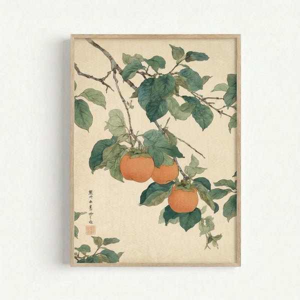 Framed botanical illustration showing orange persimmons hanging from leafy branches with detailed green foliage against a cream background. The artwork features Japanese calligraphy and a red seal stamp in the lower left corner. The piece is displayed in a light wooden frame against a white wall, showcasing the delicate watercolor-style painting with realistic fruit and leaf details in traditional Asian art style.
