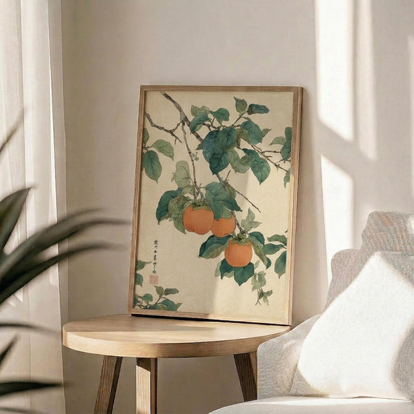 May include: Framed botanical artwork showing persimmon branch with orange fruits and green leaves in traditional Japanese style, displayed on round wooden side table next to beige upholstered chair. Natural lighting creates soft shadows on cream wall. Plant leaves visible in foreground.