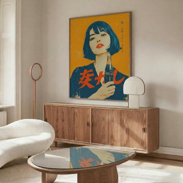 May include: Framed vintage-style Japanese Coca-Cola poster with woman in blue bob haircut holding Coke bottle against orange background, displayed above mid-century walnut credenza in modern living room with white curved chair, round glass coffee table, and brass floor lamp