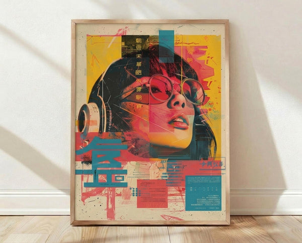 May include: Framed poster print leaning against white wall on light wooden floor. Artwork features woman with round glasses and headphones in vibrant cyberpunk style with hot pink, yellow, teal, and orange colors. Japanese text overlays geometric digital elements. Natural wood frame surrounds cream-colored paper with speckled texture. Soft natural lighting creates diagonal shadows across white textured wall background.