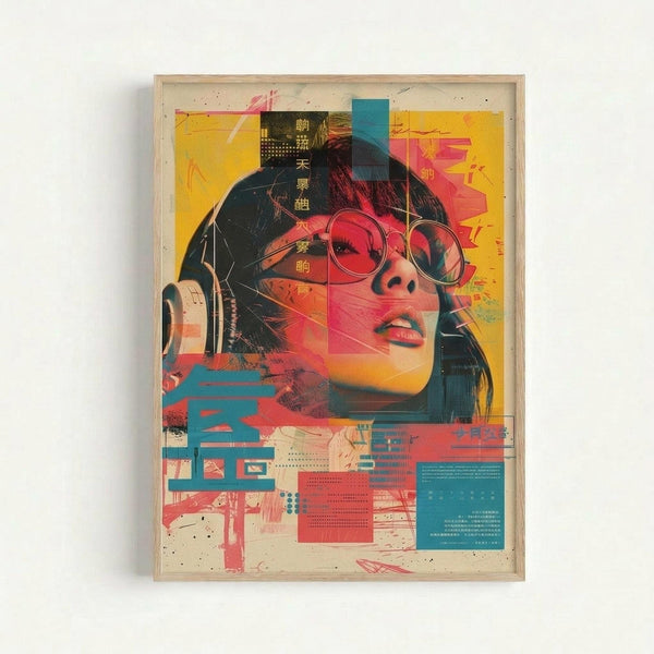 Framed poster featuring a woman with round glasses and dark hair in a vibrant cyberpunk art style. The artwork combines bright yellow, pink, red, and teal colors with Japanese text overlays and digital glitch effects. The composition includes geometric shapes, technical elements, and layered graphic design details. The poster is displayed in a light wooden frame against a white wall.