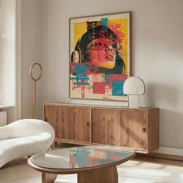 May include: Colorful cyberpunk-style portrait artwork displayed in thin frame above wooden sideboard in modern living room. The vibrant poster features a woman wearing headphones and sunglasses in pink, yellow, and blue tones with digital glitch effects. White curved chair and round glass coffee table are positioned nearby, with warm natural lighting illuminating the cream-colored walls.