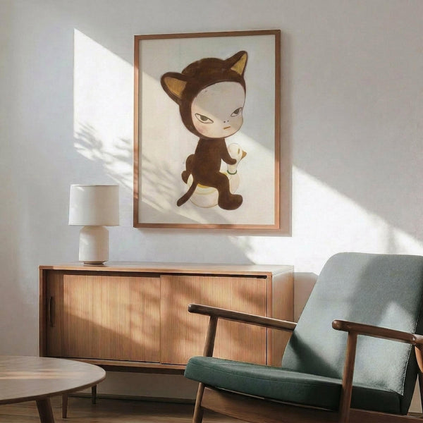 May include: Framed artwork showing a child-like character in brown cat costume with pointed ears and tail, sitting on what appears to be a duck, displayed above a wooden sideboard with table lamp in modern living room setting with mint green upholstered chair and round coffee table, natural sunlight casting shadows across white wall
