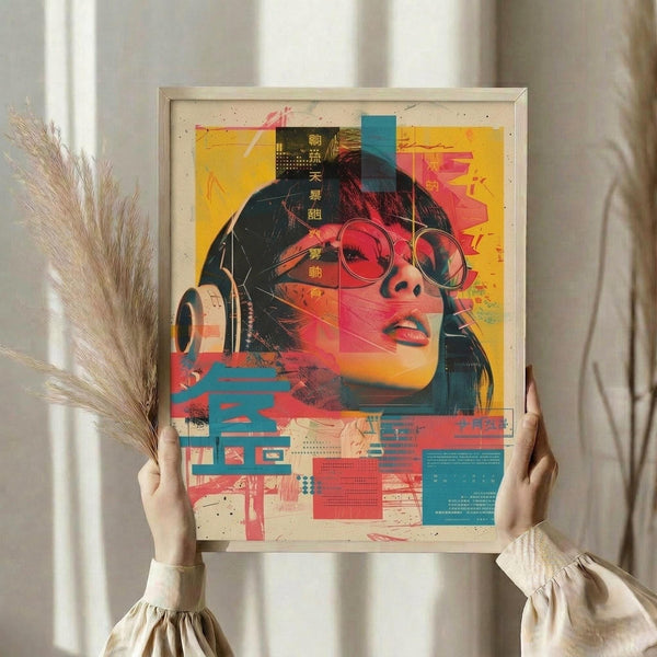 May include: Person in beige ruffled sleeve top holding framed poster print featuring woman with round glasses and dark hair in vibrant cyberpunk style with yellow, pink, teal, and red colors plus Japanese text. Dried wheat stems visible on left side against soft neutral curtain background.