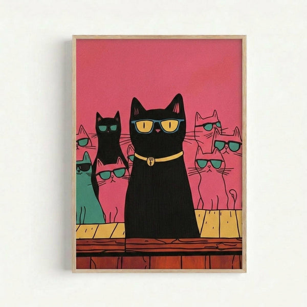 Whimsical illustration of cats wearing sunglasses standing on a wooden fence against a coral pink background. Features a prominent black cat in the center with yellow sunglasses and collar, surrounded by smaller cats in various colors including pink, teal, and black, all wearing teal sunglasses. Art style is modern and playful with bold colors and simple shapes. Displayed in a light wood frame on white wall.