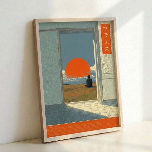 May include: Framed poster leaning against white wall showing surreal scene viewed through open doorway. Interior has tiled floor and blue-gray walls. Through doorway, silhouetted figure sits on grassy hill overlooking water with large orange sun in cloudy sky. Orange text box with Japanese characters in upper right corner. Orange text band across bottom. Light wood frame with natural lighting creating soft shadows.