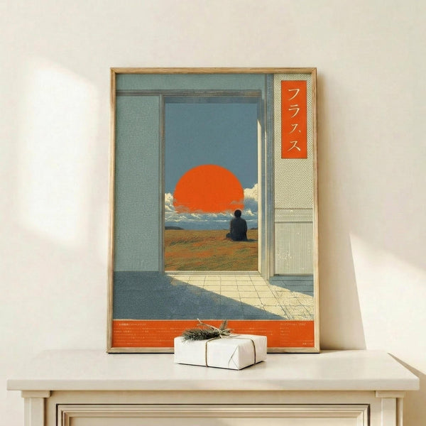 May include: Framed poster displaying a surreal scene of a person sitting on golden ground viewing a large orange sun through an open doorway, with Japanese text on orange banner, styled in vintage travel poster aesthetic. Small white wrapped gift sits beside the wooden frame on light wood surface against white wall.