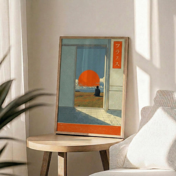 May include: Framed poster print displayed on round wooden side table next to beige upholstered chair. Artwork shows Japanese-inspired scene with large orange sun setting over water, viewed through architectural doorway with person silhouette sitting on ground. Print features vertical orange text banner, blue and orange color palette. Natural lighting creates soft shadows across white wall background with plant leaves visible in corner.