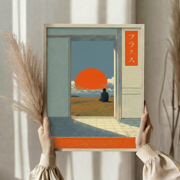 May include: Person holding framed vintage-style poster showing surreal landscape scene with large orange sun, figure sitting in golden field, viewed through doorway or window frame. Japanese characters visible on orange vertical banner. Neutral beige clothing, dried pampas grass visible, soft natural lighting against white curtained background.