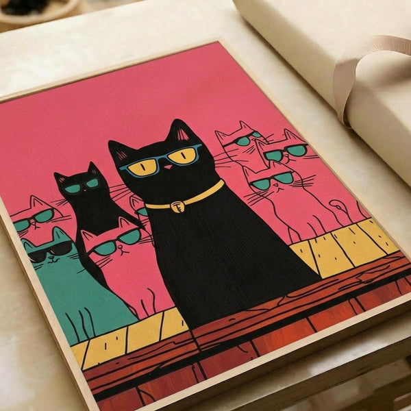 May include: Colorful illustration print displayed on white paper showing stylized cats wearing sunglasses against a pink background. Features a large black cat with yellow sunglasses and collar in center, surrounded by smaller pink and teal cats, all sitting on what appears to be wooden planks. The artwork has a retro, mid-century modern aesthetic with bold colors and geometric shapes.