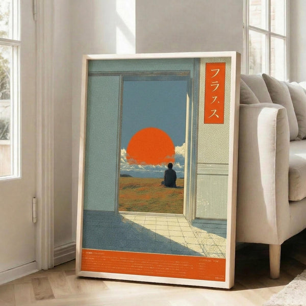 May include: Framed poster leaning against beige couch in bright living room with large windows. Artwork shows person sitting in doorway overlooking landscape with large orange sun, rendered in retro illustration style with muted blue and orange tones. Japanese text appears on orange vertical banner. White matted frame sits on light wood floor next to neutral furniture.