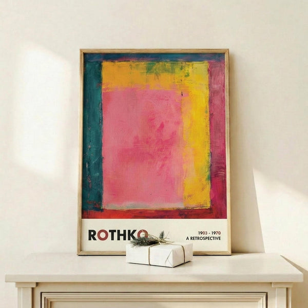 May include: Framed art print featuring abstract color blocks in pink, yellow, orange, teal and burgundy with white exhibition text below reading "ROTHKO 1903-1970 A RETROSPECTIVE." Light wood frame sits on white floating shelf against cream wall with small wrapped gift beside it.