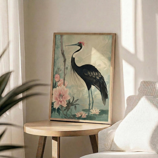May include: A framed vintage-style artwork displayed on a round wooden side table beside a beige upholstered chair. The print features a black crane with red crown plumage standing among pink peonies and branches on a soft green background. Natural sunlight streams across the neutral-toned room setting with plant shadows visible on the white wall.