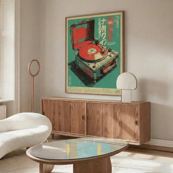 May include: Vintage-style poster featuring a turquoise and red illustrated turntable with Japanese text, displayed in a thin wood frame above a walnut credenza. Modern white curved chair and glass-top coffee table visible in minimalist room setting with white walls and natural lighting.