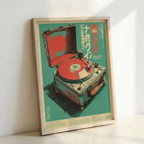 May include: Framed vintage-style poster with turquoise background featuring illustrated record player with open lid and red vinyl record. Japanese text in red and white characters positioned in upper right corner with "JAPANESE SOUNDS" subtitle. Retro aesthetic with distressed coloring and additional small text at bottom. Light wood frame leaning against white wall on light surface.