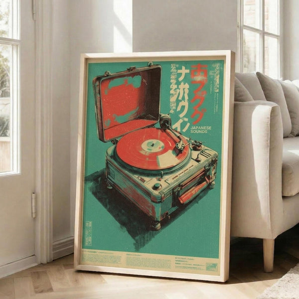 May include: Framed vintage-style poster with turquoise green background featuring illustrated record player with open lid and red vinyl record. Japanese text appears on right side with "JAPANESE SOUNDS" in English. Cream-colored wooden frame leans against white wall next to beige upholstered chair in bright room with large windows.