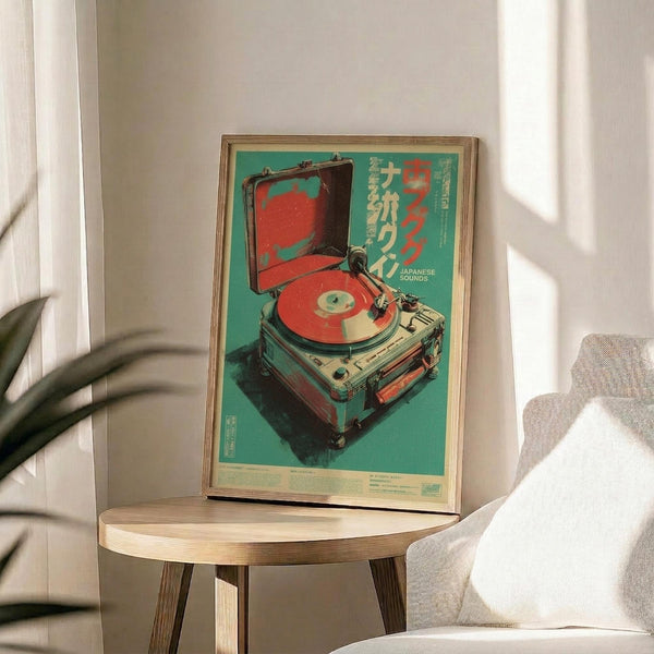 May include: Framed vintage-style poster with turquoise background featuring red vinyl record player with open case, displayed on round wooden side table next to beige upholstered chair. Natural sunlight streams across white wall creating soft shadows. Japanese text visible on retro music-themed artwork in thin wooden frame.