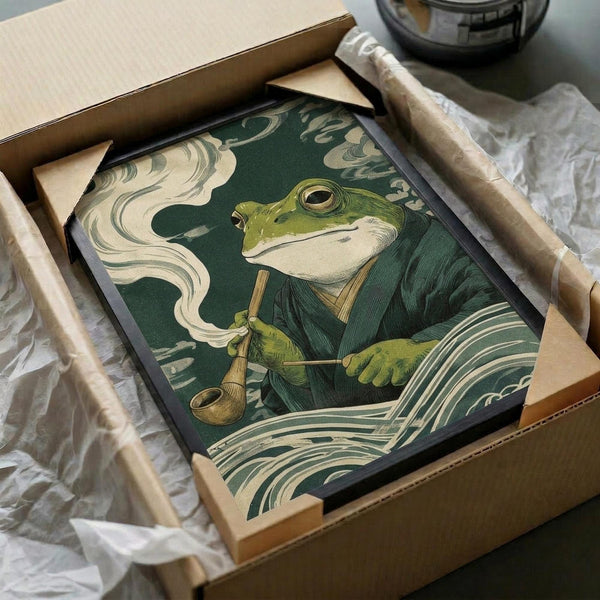 May include: A framed art print in a cardboard shipping box with protective packaging. The artwork shows a green frog character in traditional Japanese clothing smoking a wooden pipe, with white smoke swirls and stylized ocean waves in the background. The piece features muted green tones and classic ukiyo-e woodblock print styling. The black frame sits nestled in brown cardboard with white tissue paper padding.