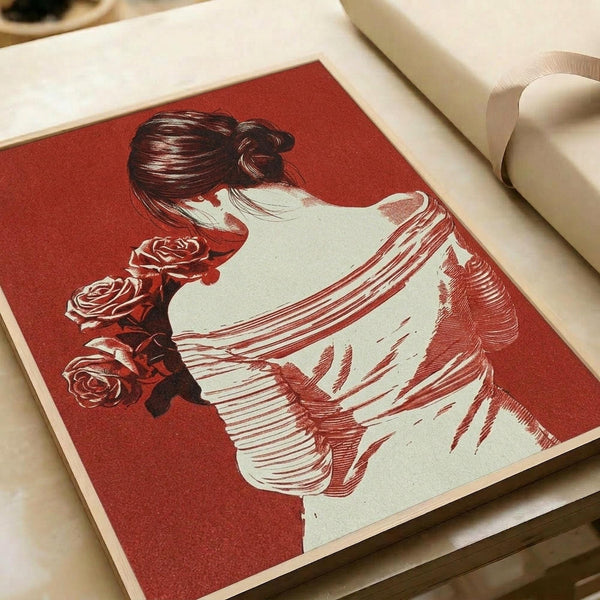 A red and white vintage-style print featuring the silhouette of a woman with an updo hairstyle, shown from behind. Dark roses accent her shoulder area, while flowing fabric or draping creates textured lines across the composition. The artwork sits on white paper with a cream-colored ribbon visible in the corner, suggesting gift wrapping or packaging materials nearby.