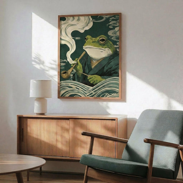 May include: Framed poster displaying a green frog character in traditional Japanese clothing smoking a wooden pipe, surrounded by stylized waves and clouds in green and cream tones. The artwork hangs above a wooden sideboard with a white ceramic lamp, next to a mid-century modern chair with sage green upholstery and wooden arms. Warm sunlight creates geometric shadows across the white wall and furniture in this contemporary living room setting.