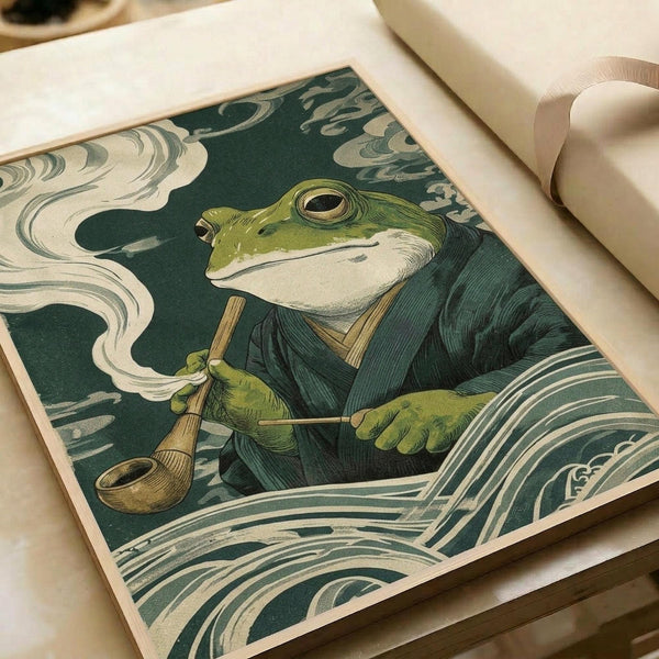 Japanese-style woodblock print artwork featuring a green frog in traditional robes smoking a wooden pipe, surrounded by stylized ocean waves in teal and cream colors. The illustration shows fine line work and vintage ukiyo-e aesthetic with detailed shading and classical Japanese wave patterns throughout the composition.