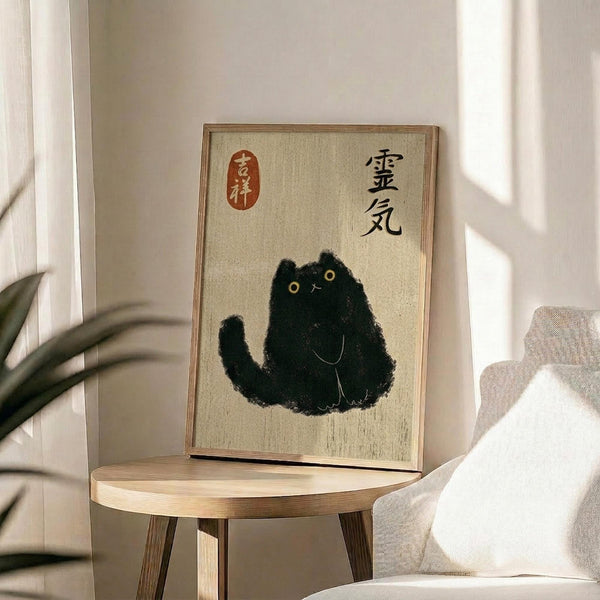 May include: Framed artwork featuring a black cat illustration with yellow eyes on beige textured background, accompanied by Japanese characters and red seal stamp, displayed on light wood round side table next to beige upholstered chair with white pillow, plant leaves visible in corner, natural lighting creating soft shadows on neutral wall