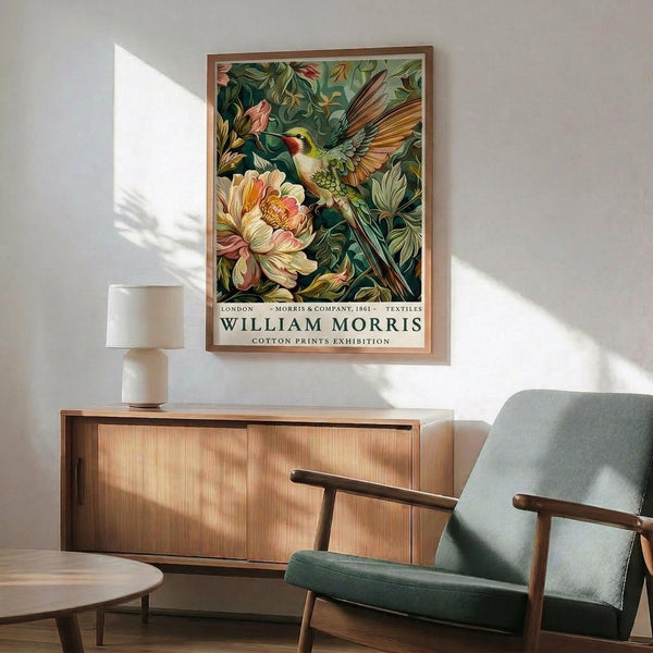 May include: Framed botanical poster featuring a colorful hummingbird with spread wings hovering near large pink and cream flowers surrounded by lush green foliage. The vintage-style artwork has rich yellows, greens, and coral tones in an ornate Victorian botanical illustration style. Displayed above a wooden sideboard with sliding doors next to a sage green mid-century armchair with wooden arms in a modern living room with white walls and natural lighting.