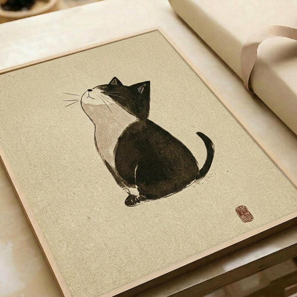 A minimalist ink wash painting of a black and white cat sitting with its head tilted upward, rendered in traditional Japanese sumi-e style on textured beige paper. The cat is depicted with bold black brushstrokes for its body and delicate line work for whiskers and facial features. A small red chop mark appears in the bottom right corner. The artwork is displayed on cream-colored paper with natural lighting creating soft shadows.