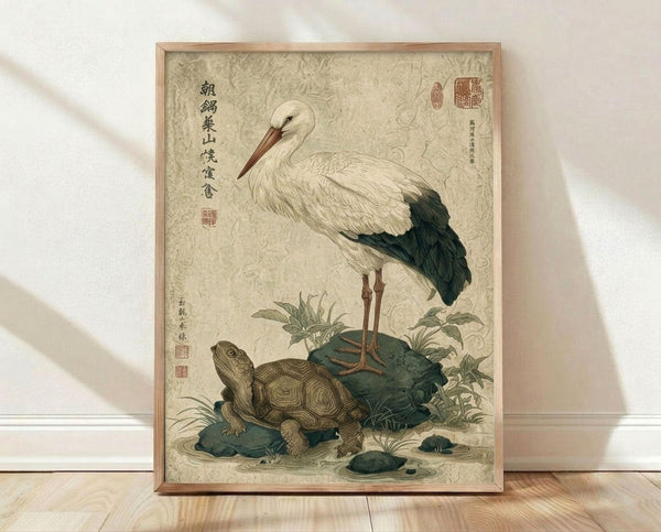 May include: Framed Japanese-style artwork showing a white stork with black wing feathers and orange beak standing on rocks beside a brown turtle, surrounded by green foliage. The vintage-style print features muted earth tones on aged paper background with traditional Chinese characters and red seals. Wood frame sits on light wooden flooring against white wall with soft natural lighting creating subtle shadows.