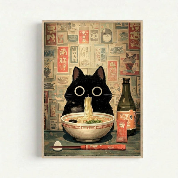 Framed artwork showing a black cat with large round eyes eating ramen noodles from a white ceramic bowl with red geometric patterns. The cat sits at a wooden table with red chopsticks and a green glass bottle. Behind the cat is a collage-style background featuring vintage Japanese text, food illustrations, and muted colors in beige, red, and green tones. The illustration has a warm, nostalgic aesthetic with detailed textures and soft lighting.
