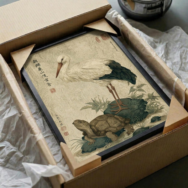 May include: Traditional Japanese artwork print featuring a white stork with dark wing tips standing on one leg above a detailed turtle with hexagonal shell patterns, surrounded by green foliage on aged beige paper background with calligraphy text, displayed in black frame being unboxed from cardboard packaging with tissue paper wrapping