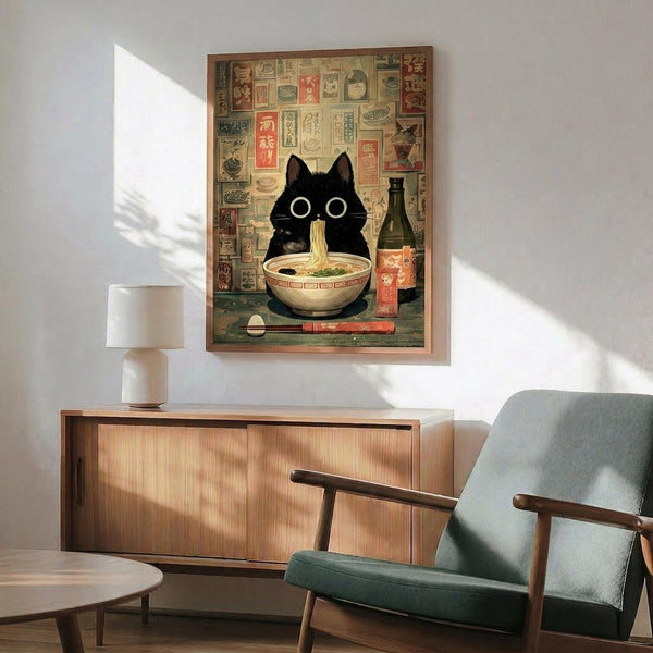 May include: Framed poster displayed above a wooden credenza in a modern living room with mint green chair and white lamp. The artwork shows a black cat with large white eyes sitting behind a bowl of ramen noodles with a bottle, set against a collage background of vintage Japanese text and imagery in warm earth tones.