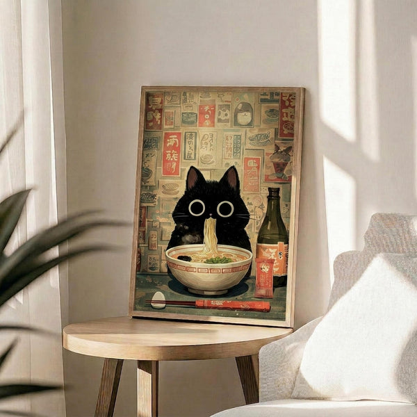 May include: Framed poster print displayed on light wooden round table next to beige upholstered chair and plant. Artwork shows black cat with large white eyes eating ramen noodles from ceramic bowl, surrounded by vintage Japanese restaurant advertisements and signage in muted colors. Natural sunlight streams across white wall creating soft shadows.