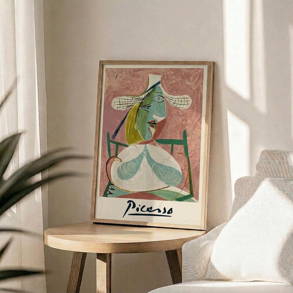 May include: Framed Picasso-style abstract portrait print displayed on round wooden side table next to beige upholstered chair. Artwork features cubist female figure in green, pink, and yellow tones with geometric shapes and bold lines. Natural lighting creates soft shadows across cream-colored wall. Small plant visible in corner of minimalist modern interior setting.