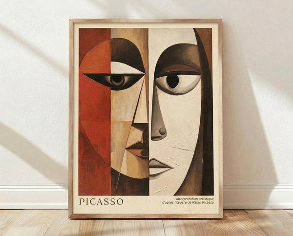 May include: Framed cubist-style art print featuring abstract faces in geometric shapes, displayed against white wall. Artwork shows warm earth tones - oranges, browns, and creams - with stylized eyes and facial features in Picasso-inspired design. Light wood frame sits on wooden floor with natural lighting casting soft shadows.