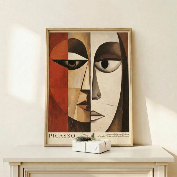 May include: Framed art print featuring abstract cubist-style portrait with geometric faces in warm earth tones - oranges, browns, and creams. Two stylized faces with prominent eyes shown in angular, fragmented style. Wooden frame sits on light wood shelf beside small wrapped white gift with pine sprig. Clean white wall background with soft natural lighting.
